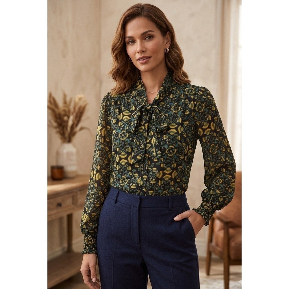 Farmers Market Floral Damask Bow‎ Tie Neck Blouse Women's S Career Office